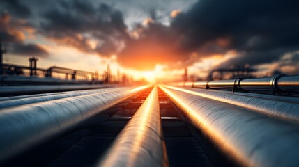 Obraz premium Industrial pipelines stretch toward a dramatically lit horizon during a vibrant sunset