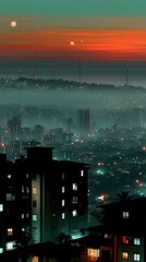 Elegant modern city skyline at sunset with warm tones and soft light, captured in photorealistic high resolution.