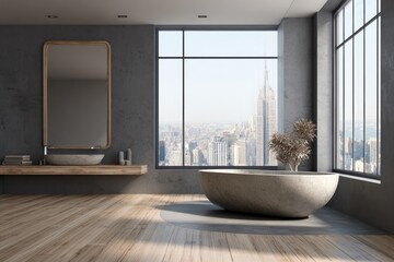 Fototapeta premium Modern bathroom with freestanding tub and city view.