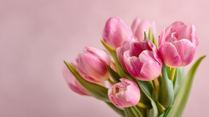 Fototapeta premium Group of fresh pink tulip blossoms presented against a soft pastel background