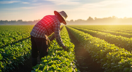 Fototapeta premium Farmer inspecting green crops in a field at sunrise, bathed in warm golden light. Agriculture, sustainable farming, growth concept.