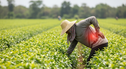 Farm worker experiencing lower back pain while working in a vibrant green crop field, symbolizing occupational strain and physical injury.