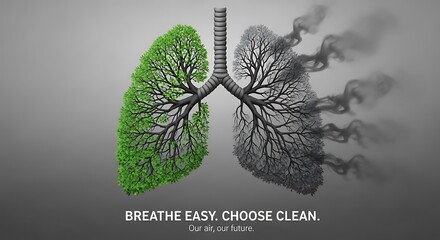 Clean air pollution concept showing healthy green lungs versus unhealthy lungs with smoke emissions -smog air pollution