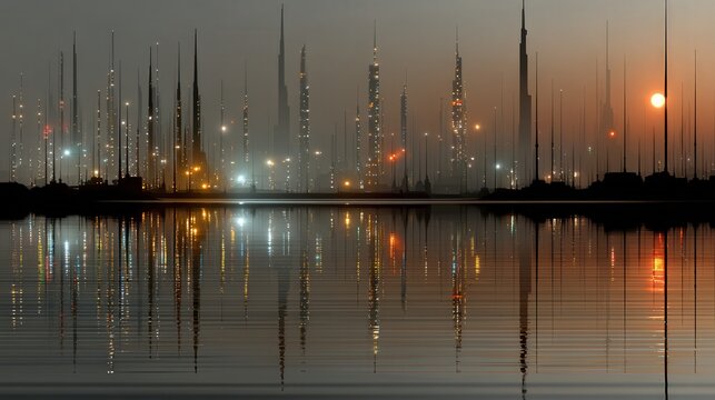 Elegant modern city skyline at sunset with warm tones and soft light, captured in photorealistic high resolution.
