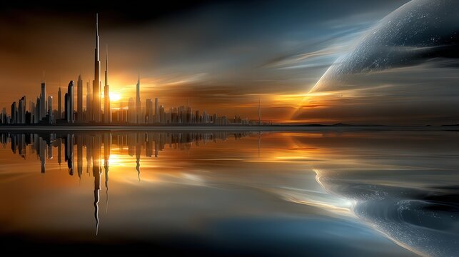 Elegant modern city skyline at sunset with warm tones and soft light, captured in photorealistic high resolution.