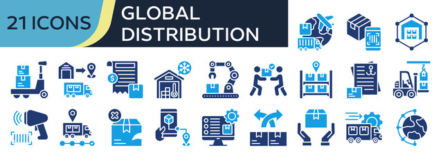 Collection of Global Distribution icons, related to Global Logistics, Logistics Network, Shipping Invoice, Cargo Handling, Delivery Service and more. Solid icons vector illustation.