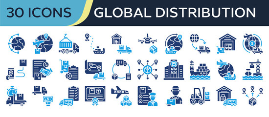 Collection of Global Distribution icons, related to Global Network, Global Shipping, Distribution Center, Export, Import and more. Solid icons vector illustation.