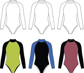 Long sleeve leotard fashion template, CAD garment drawing, flat vector illustration, athletic wear sketch, gymnastics costume design, clothing outline, sportswear concept