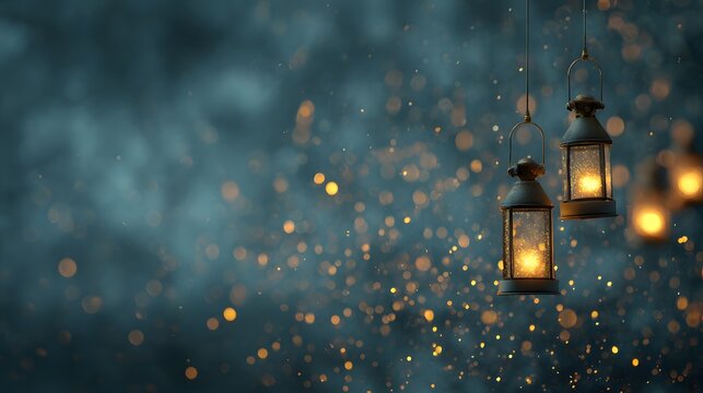 Illuminated hanging metal lanterns create a mystical atmosphere with glowing particles against a dark background