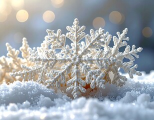 Handmade White Crochet Snowflakes Resting on Soft Snow, Holiday Background.