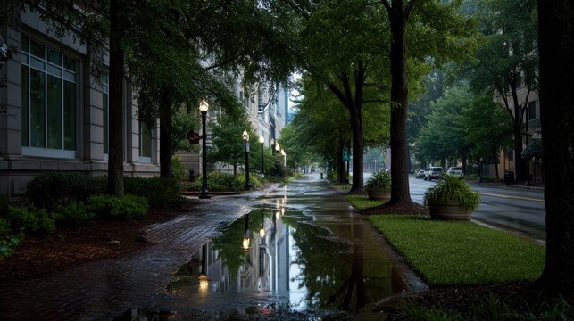 Serene Urban Streetscape with Trees and Reflections After Rain