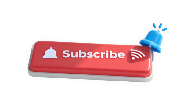 Youtube subscribe button with notification bell and wifi signal isolated on transparent background
