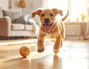 Joyful puppy leaps towards camera, chasing a tennis ball in a sunny room