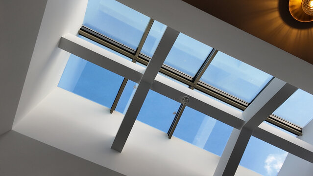 Modern skylight showing blue sky and white ceiling design