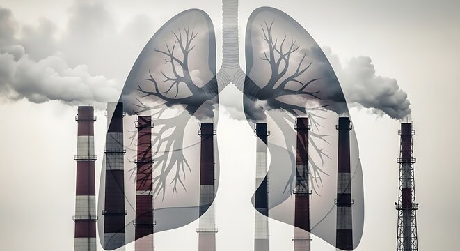 Air pollution and lung health concept showing factory emissions affecting respiratory system health impact -smog air pollution