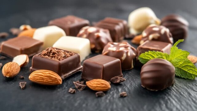 Delicious chocolate pralines truffles and candies with almonds and green mint