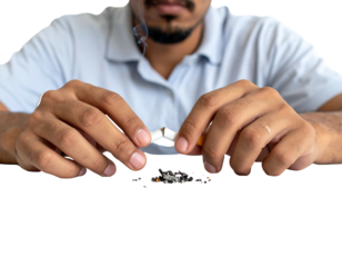 Man breaking a lit cigarette in half, smoke rising. Dark background. Medium-close shot. Visible beard, shirt, hands