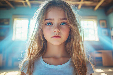 A young girl with long blonde hair stands solemnly in a sunlit room, her blue eyes gazing into the distance as golden light streams through windows behind her. 