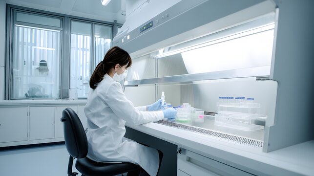 Female scientist performs meticulous work inside a sterile biological safety cabinet