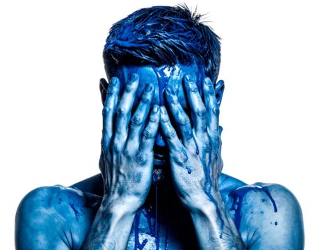 Man, painted blue, with hands covering face. Paint drips down. Isolated on black