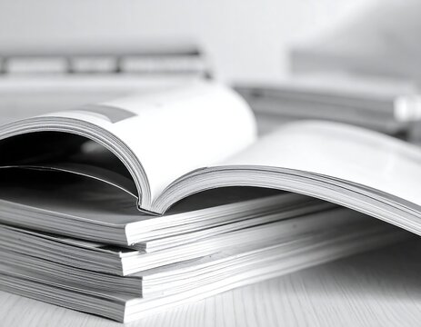 Stack of open books with crisp white pages in a grayscale close-up
