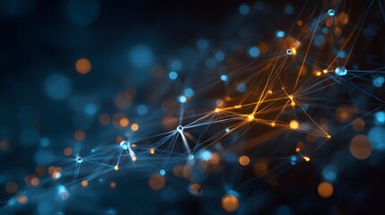 Glowing digital network structure with interconnected nodes illuminates a dark background