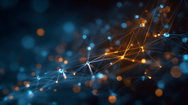 Glowing digital network structure with interconnected nodes illuminates a dark background