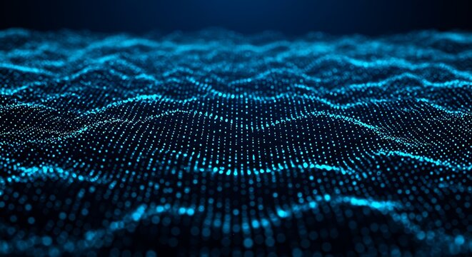 Abstract Digital Ocean Waves of Blue Glowing Particles.
