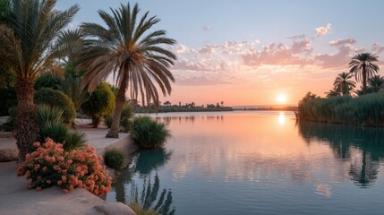Tranquil Oasis Scene At Sunset With Palm Tree Silhouettes Reflecting In Calm Water And Colorful Sky