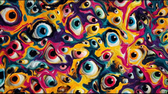Anxious abstract trippy background featuring surreal pattern of colorful melting psychedelic eye visuals for an intense hallucination