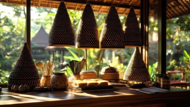 Rustic kitchen counter with woven lamps and greenery