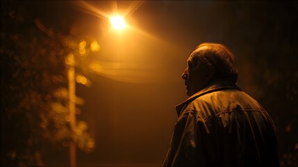 Solitary mature man standing under a bright streetlamp at night