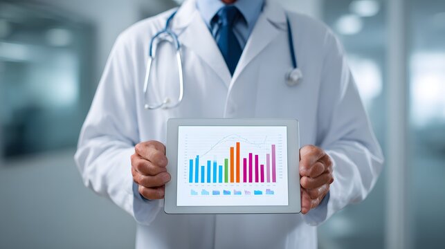 Medical professional displays colorful bar graph analysis on a digital tablet device