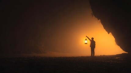Solitary figure holds glowing antique lamp facing intense orange light within cavernous opening