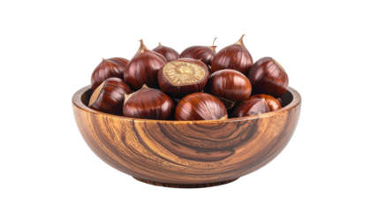 Polished chestnuts fill a wooden bowl against black backdrop