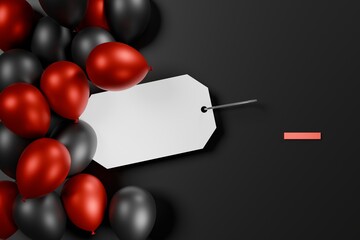 Stylish Red and Black Balloons with a Blank Price Tag on a Sleek Dark Background