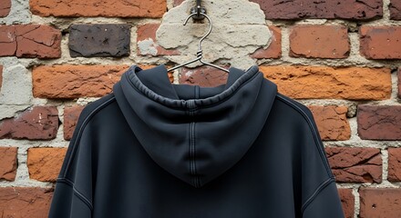 Naklejka premium A dark charcoal hoodie hanging from a simple iron hook on a weathered brick wall, overcast daylight, grunge aesthetic