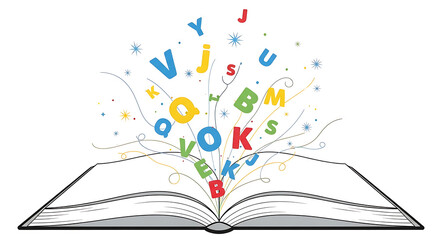 Open book with vibrant letters and symbols bursting forth, symbolizing imagination, education, and the expansive power of knowledge and storytelling