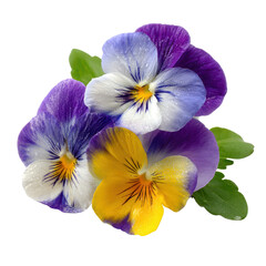Three Pansy Flowers with Purple White and Yellow Petals and Green Leaves on Black Background floral bloom