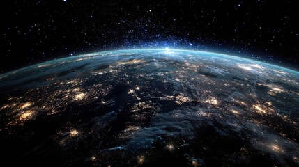 Obraz premium High resolution satellite view of Earth at night showing city lights across continents with stars in the dark cosmos.