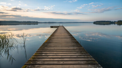 Fototapeta premium A wooden pier stretches out into the calm lake under a serene sky at sunrise, reflecting the soft light and clouds on the waters surface
