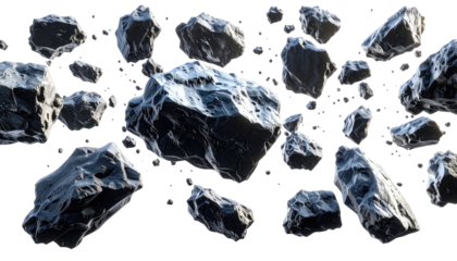 Many dark, sharp-edged rocks float against the black void