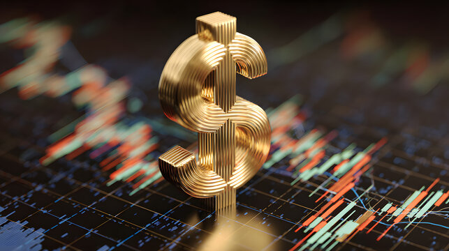 Golden dollar symbol and stock trend chart