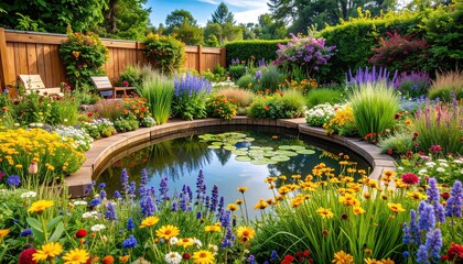 Fototapeta premium Serene Eco-Friendly Landscape with Natural Pond and Flowers