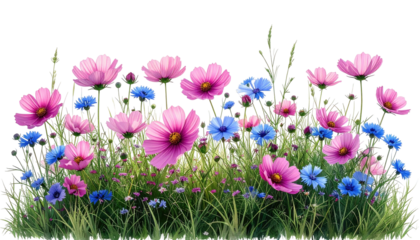 Pink & blue cosmos flowers in grass on black