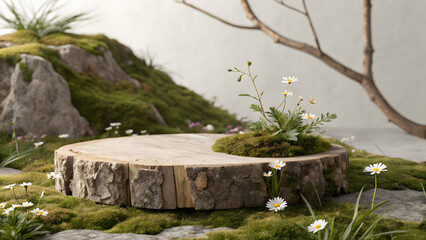 Obraz premium Wooden podium in mossy forest with daisy flowers for product presentation, natural pedestal for cosmetic showcase, minimal nature background