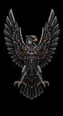 Intricate mechanical bird of prey design features complex metallic plating and articulated components