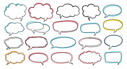 Fototapeta premium A collection of hand-drawn speech and thought bubbles with colorful, sketchy outlines, ideal for communication and conversation designs.