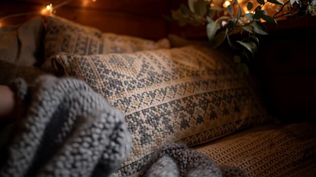 Close-up of cozy bed corner with wool throw, glowing lights, and simple holiday accents, off-grid Christmas warmth, off grid christmas cabin