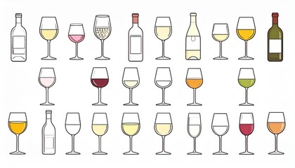 Set of Wine Bottles and Glasses with Different Types of Wine